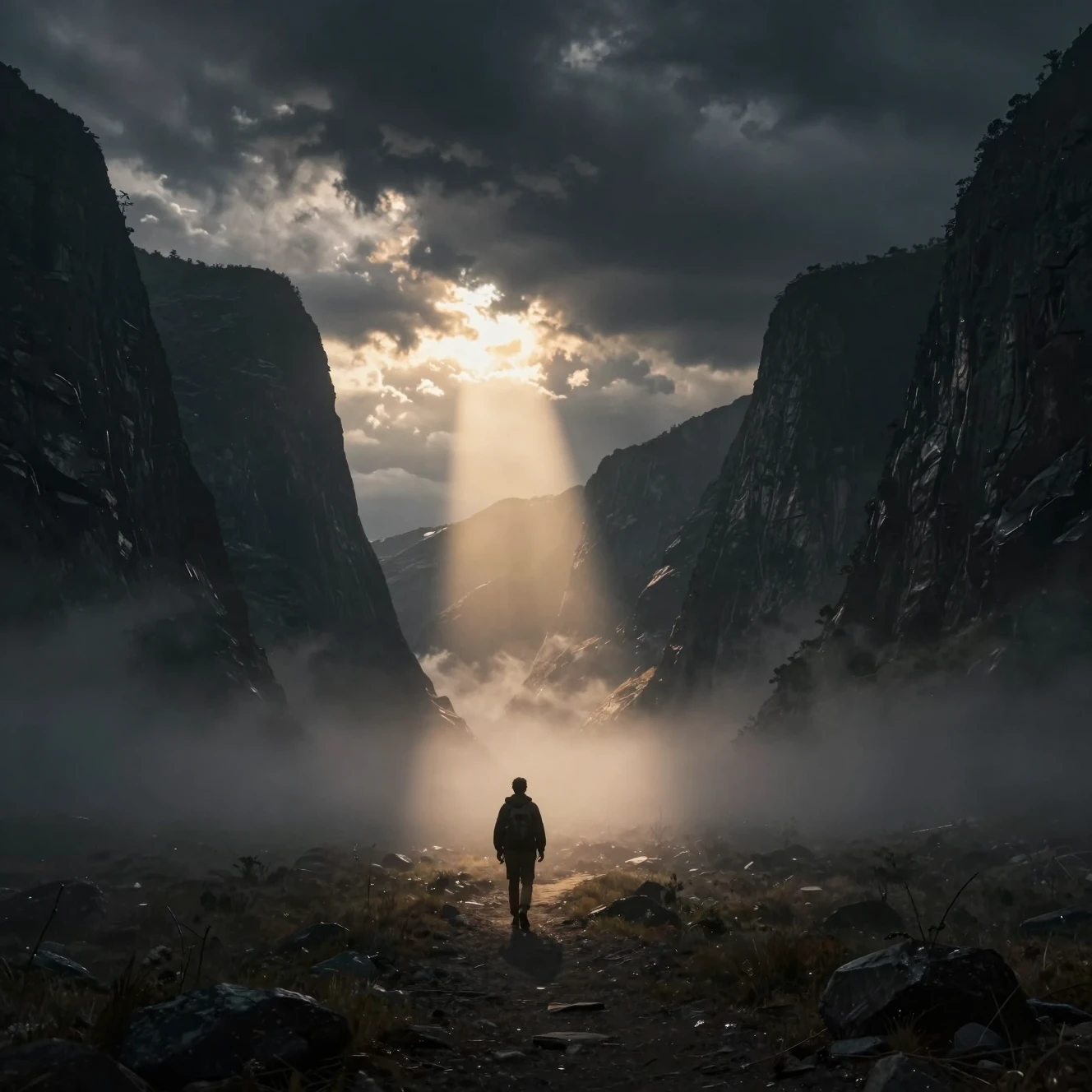 Viaggiatore solitario in una valle nebbiosa sotto luce divina tempestosa