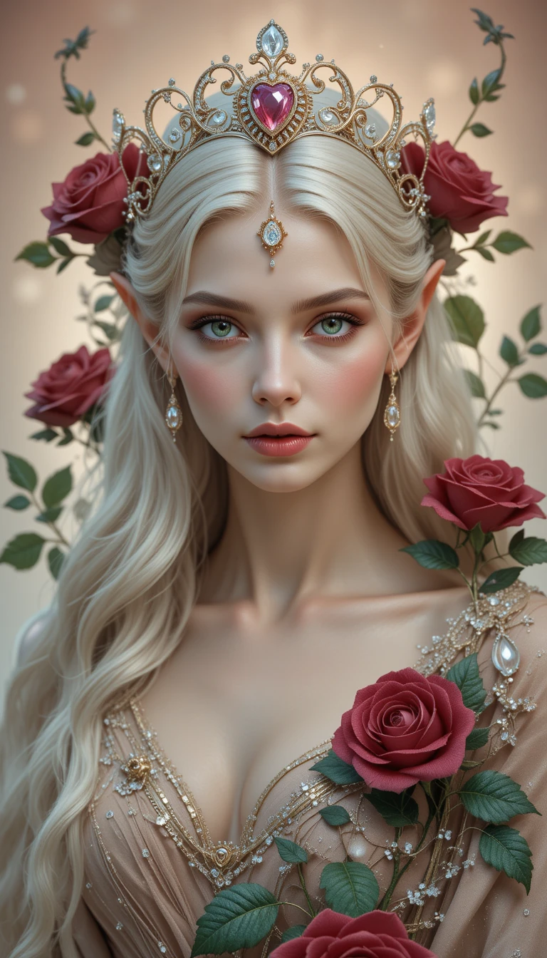 Ritratto Etereo di Regina Elfica con Rose e Corona di Cristallo