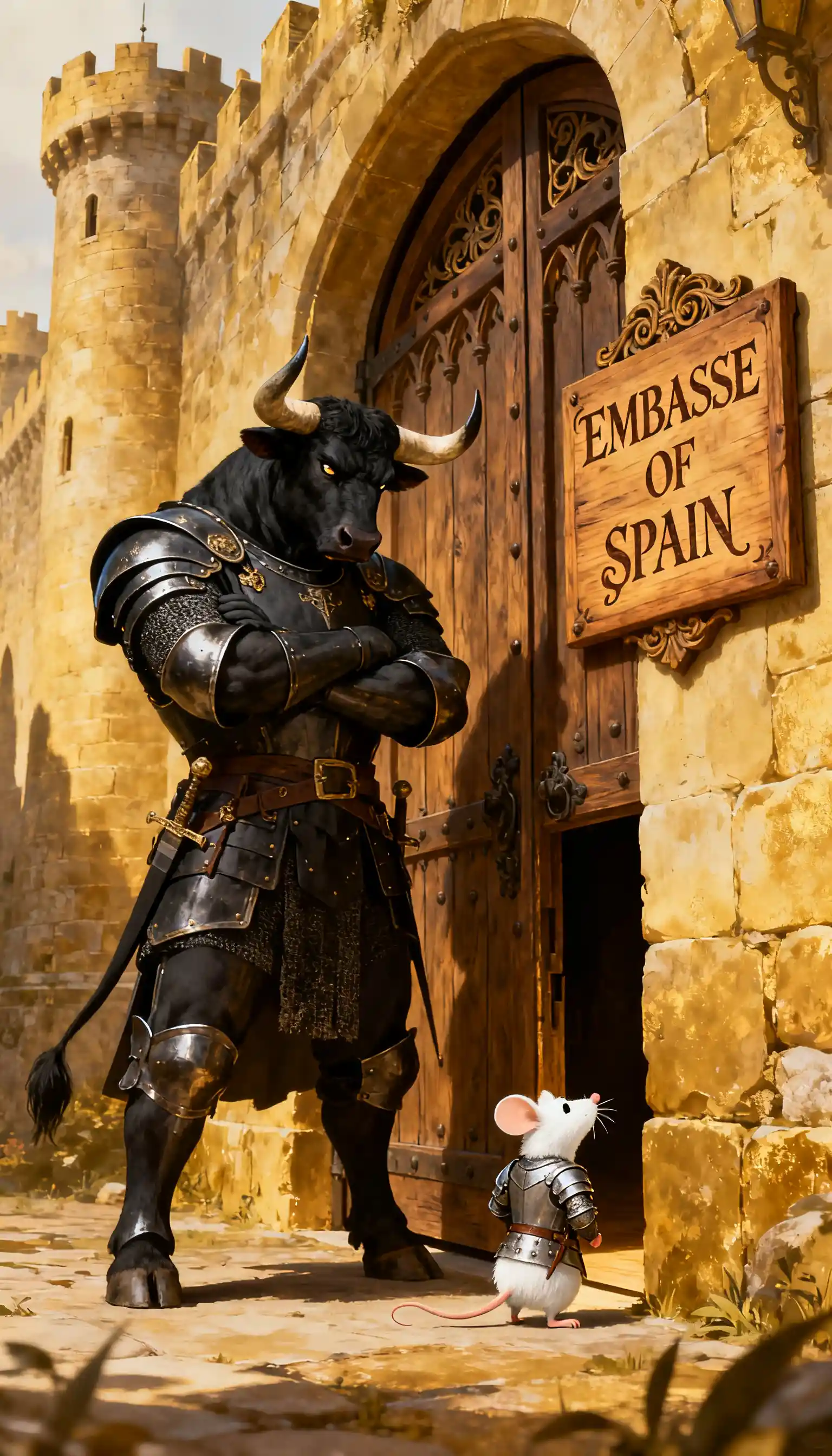 Medieval bull guardian watching a tiny armored mouse