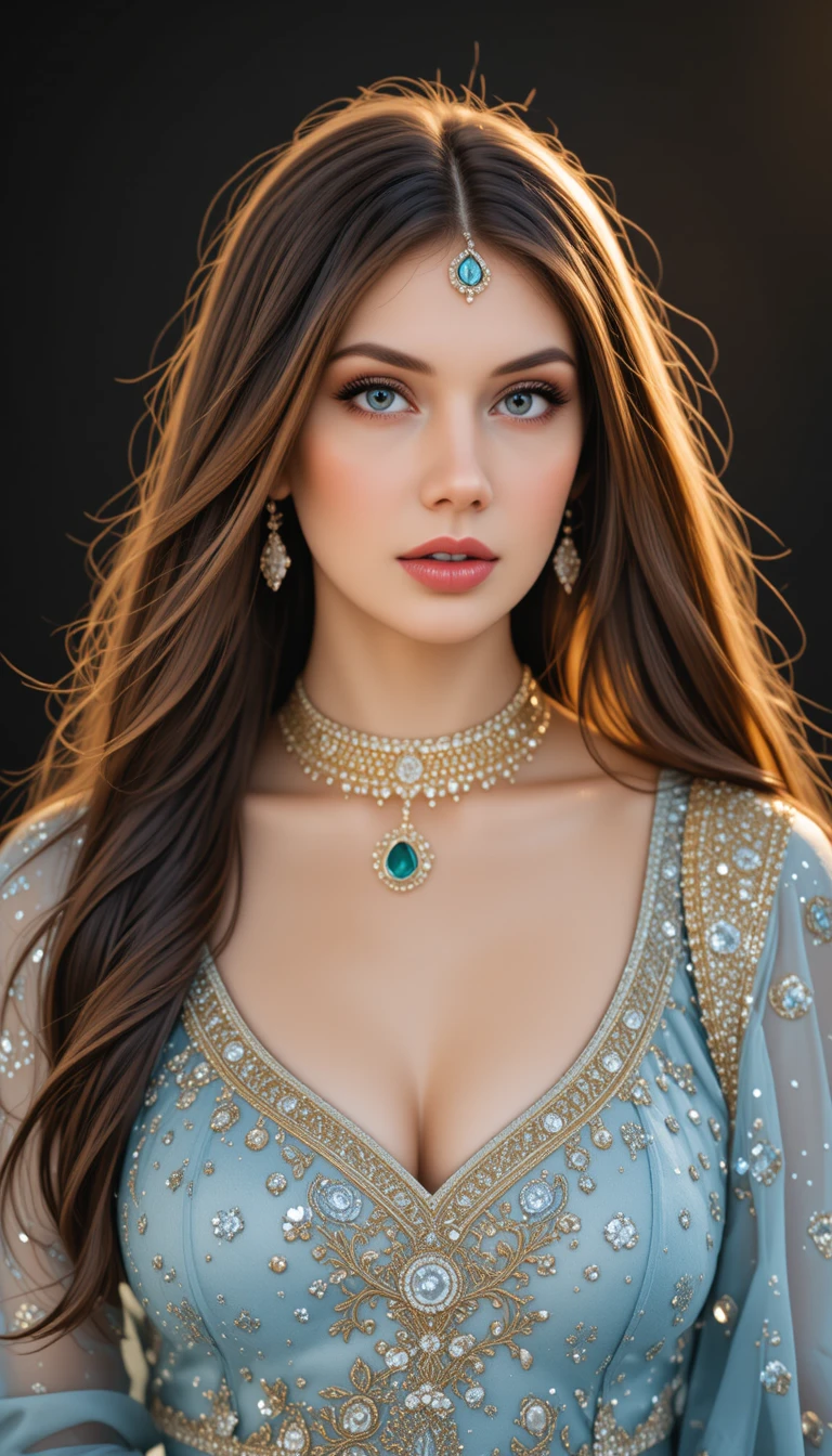 Ritratto di elegante donna indiana in lehenga blu