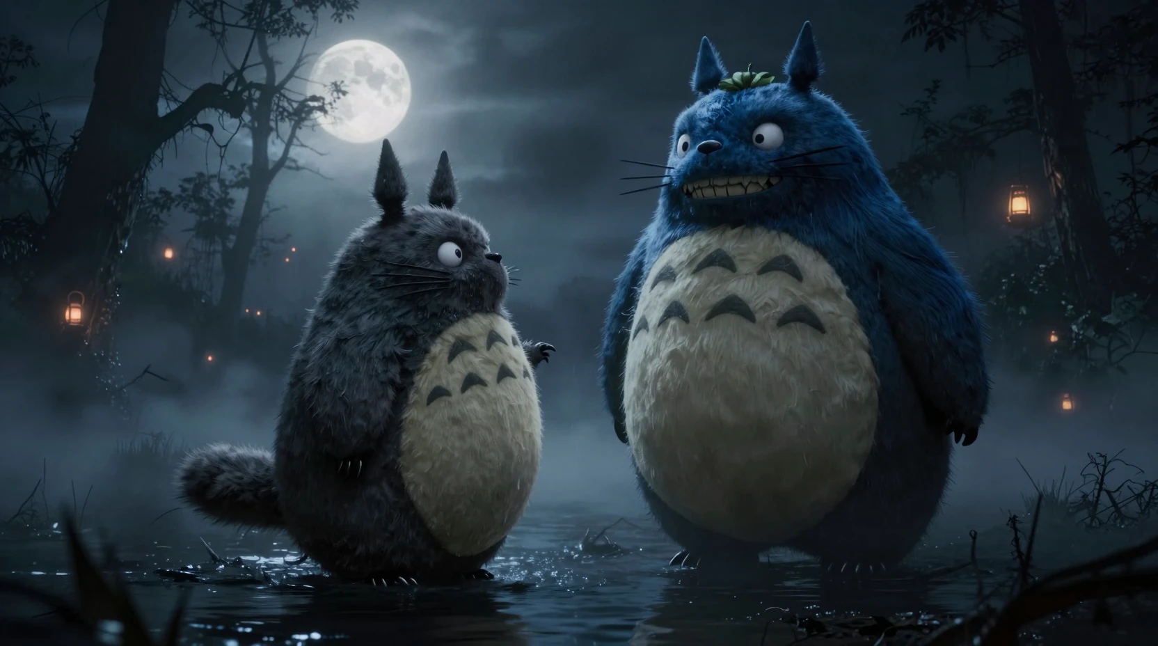 Monstros gigantes em confronto em um pântano escuro e enevoado