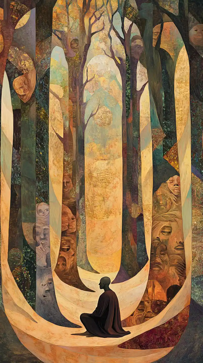 Mystical guardian kneeling in a towering forest cathedral