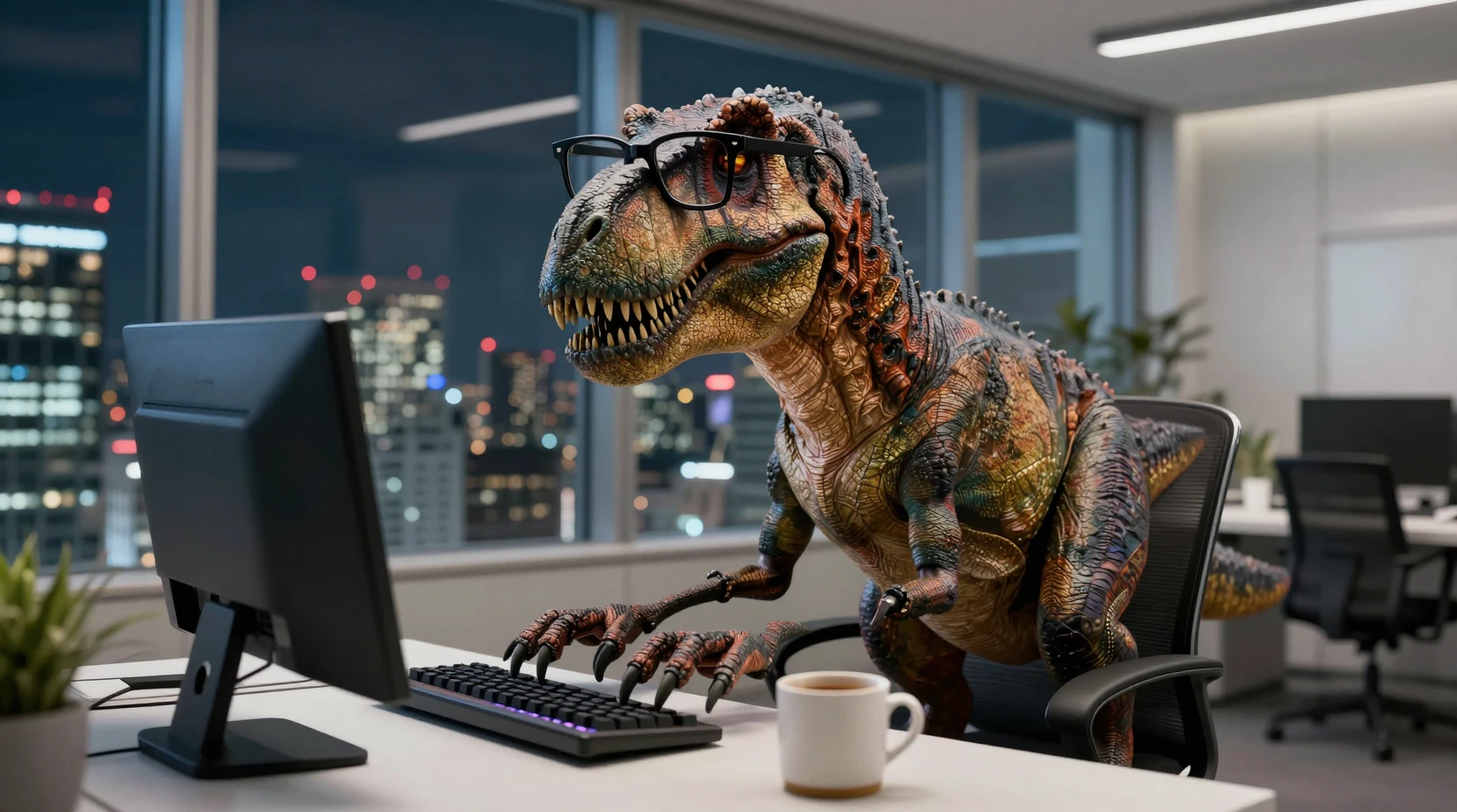 Dinossauro gigante de escritório digitando em uma mesa em Tóquio