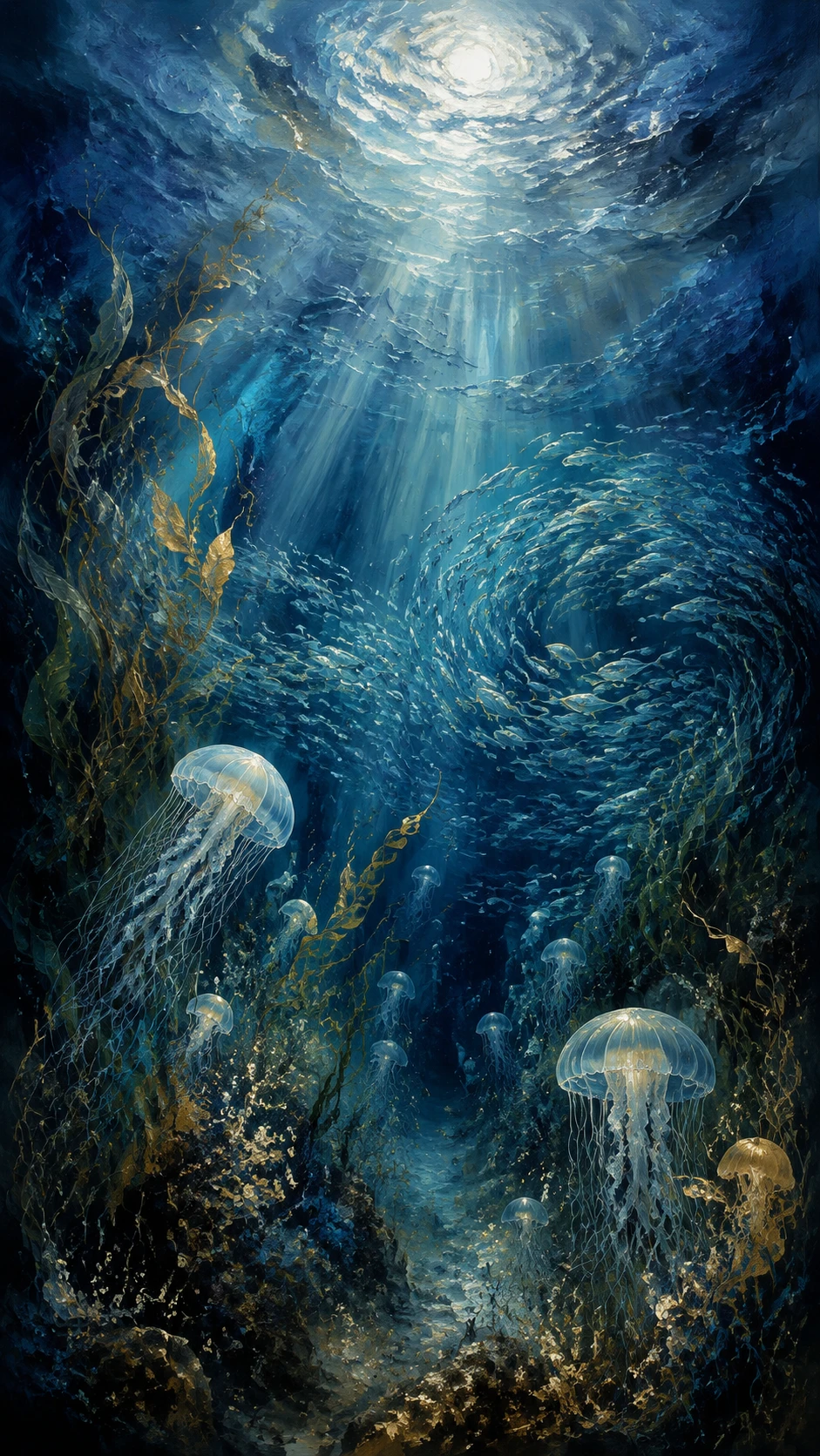 Moonlit fish and sea grasses in a serene underwater scene