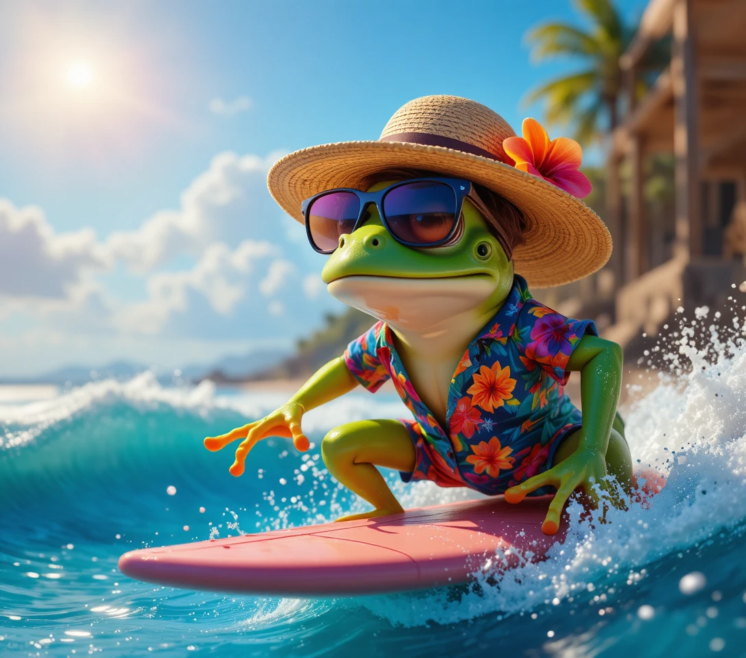 Sapo em estilo Pixar surfando ondas azul-brilhantes na praia