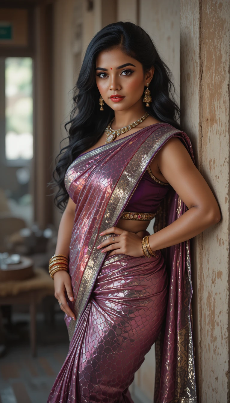 Indische Frau im glänzenden Sari in traditionellem Interieur