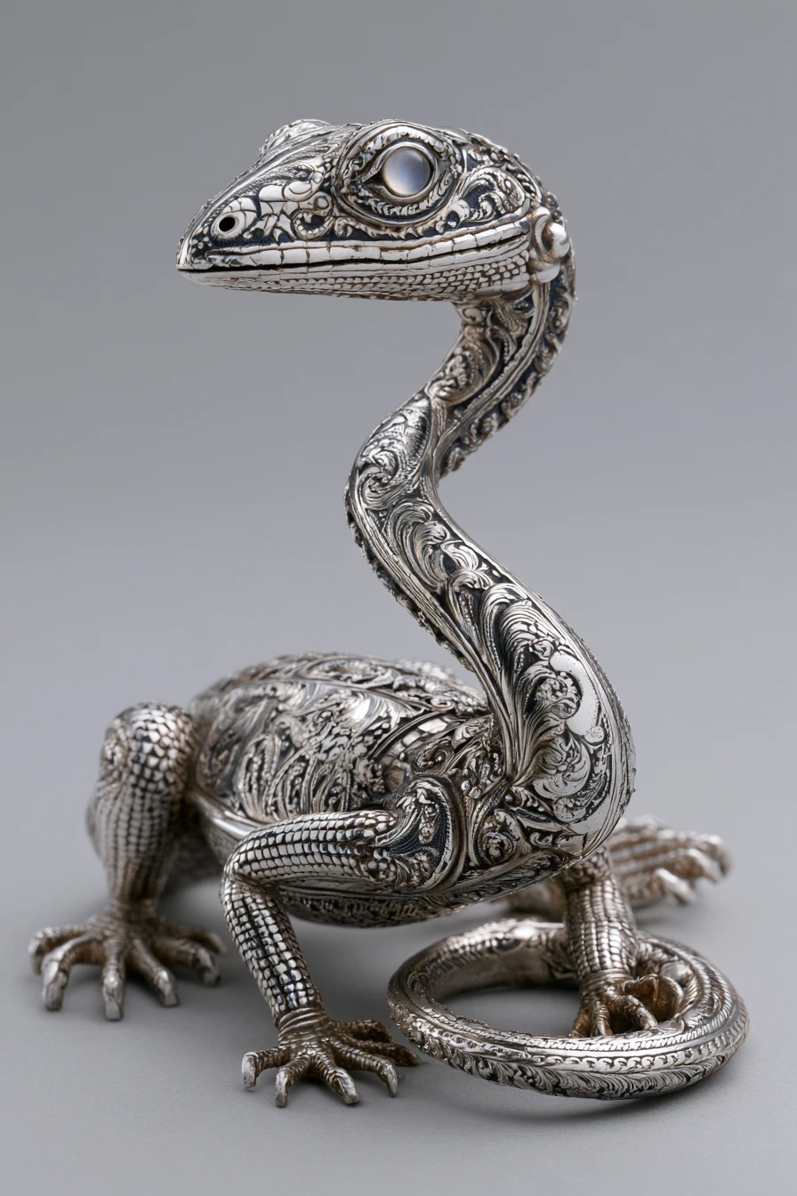Figurine de dinosaure argentée aux yeux en pierre de lune en studio