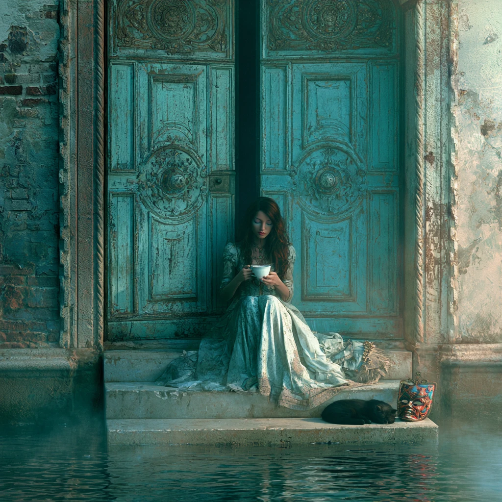 Mulher veneziana fantástica com gato junto à porta turquesa do palácio