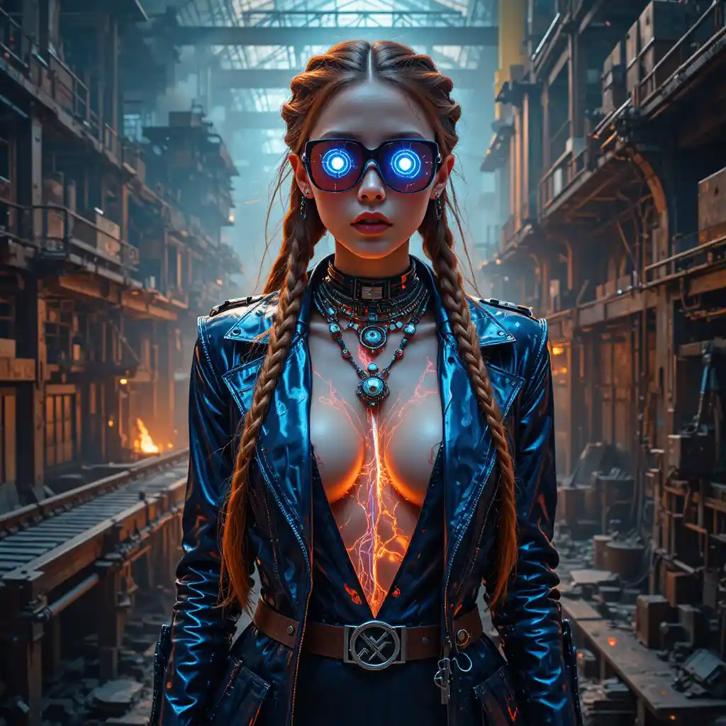 Cyberpunk woman in glitching industrial foundry portrait