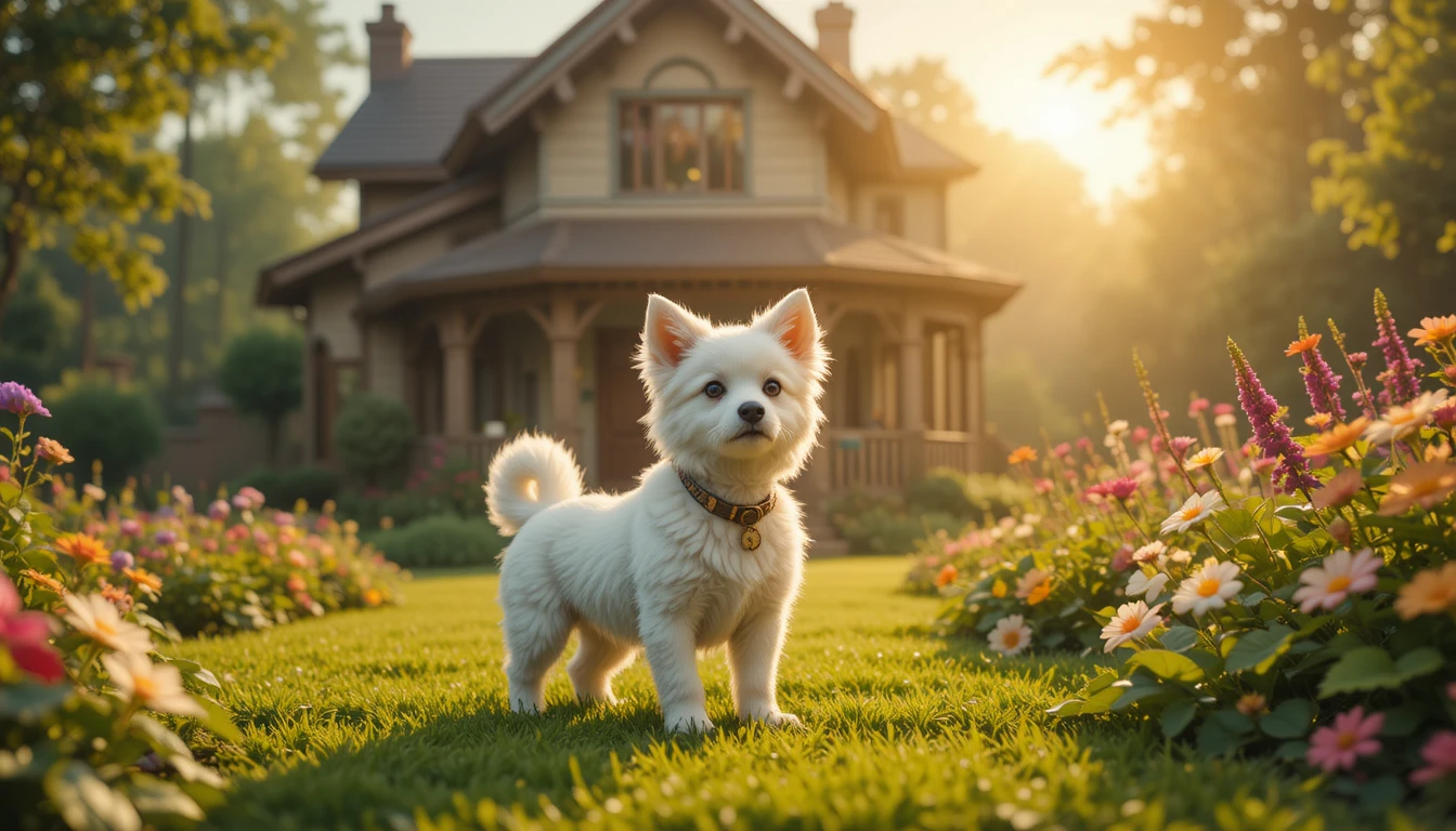 Pequeno cachorro branco em um jardim ensolarado em frente a uma casa