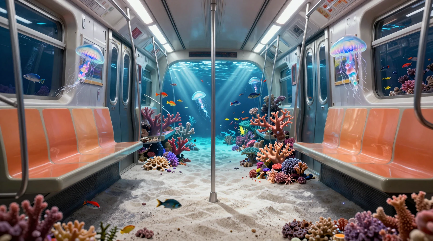Interno surreale della metropolitana fuso con una barriera corallina luminosa