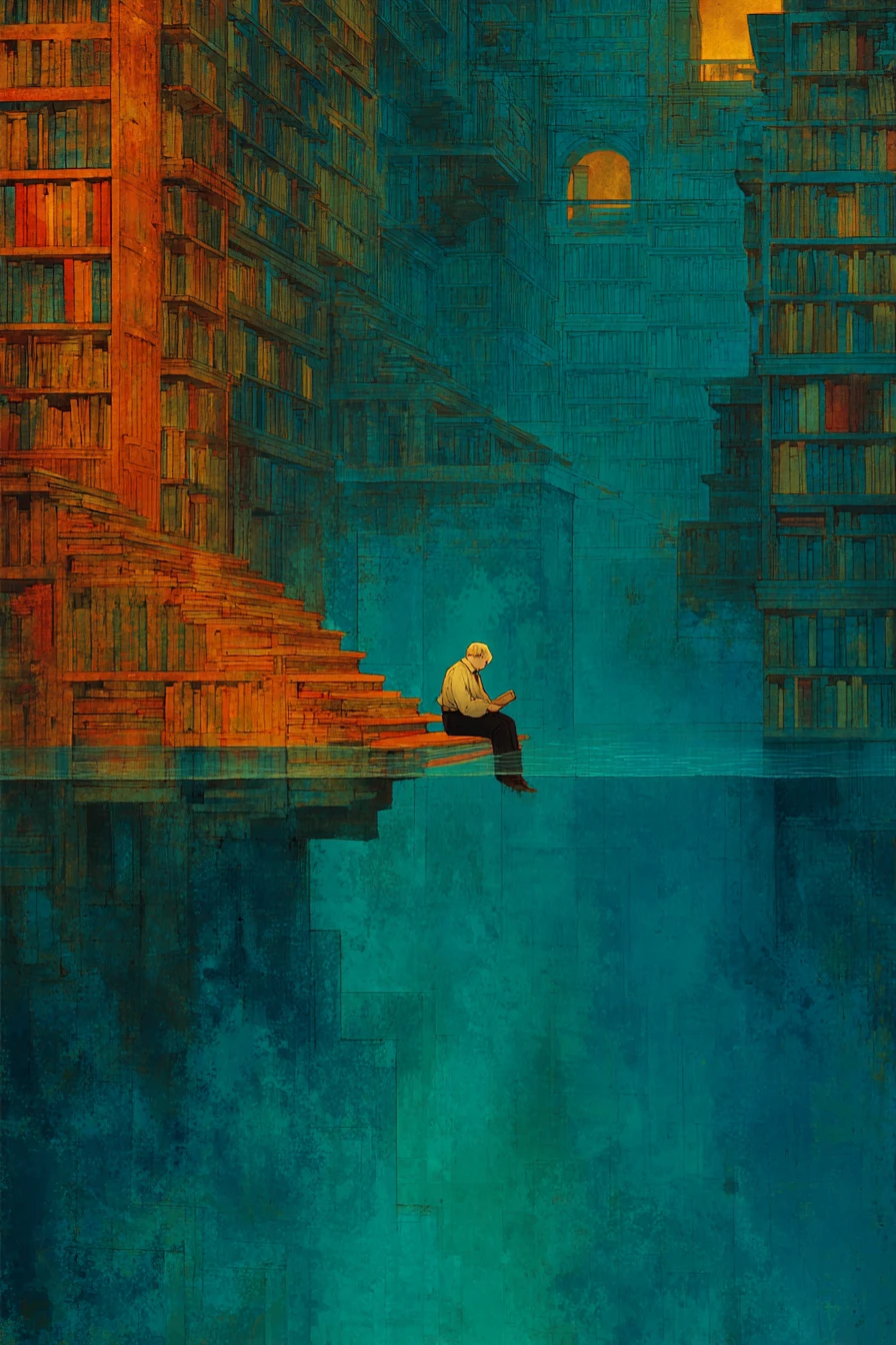 Surrealer Gefangener in einer geheimnisvollen versunkenen Fantasiebibliothek