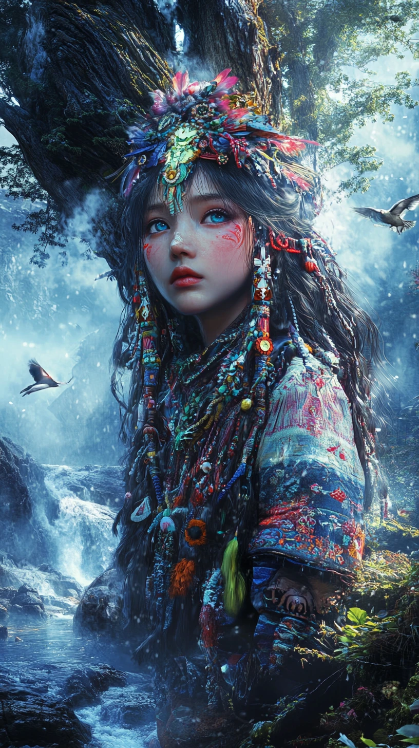 身穿傳統服飾站在迷霧森林中的阿伊努女性