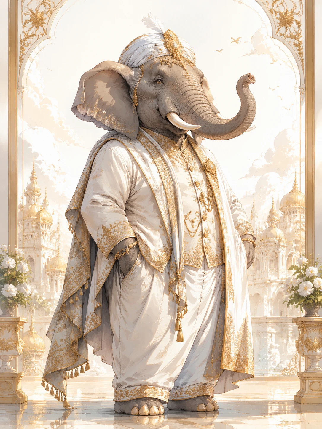 Illustration en art linéaire d’un éléphant élégant en tenue blanche fluide
