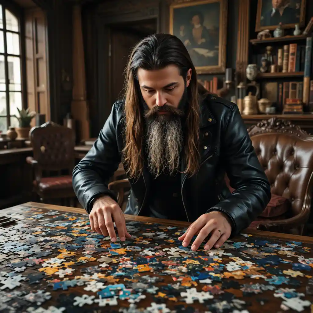 Homme barbu résolvant un grand puzzle dans un bureau