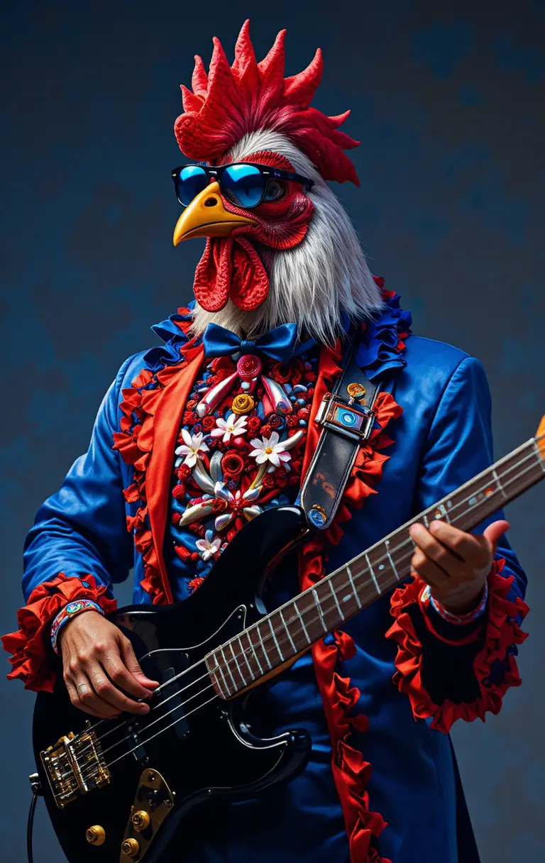 Poulet professeur stylé jouant une basse noire