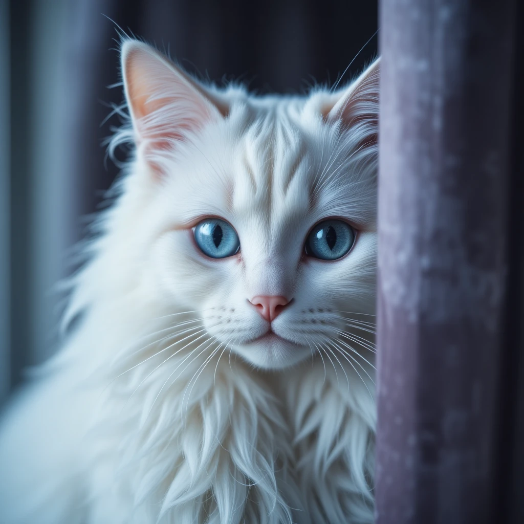 Gato branco de perto escondido atrás de uma cortina macia