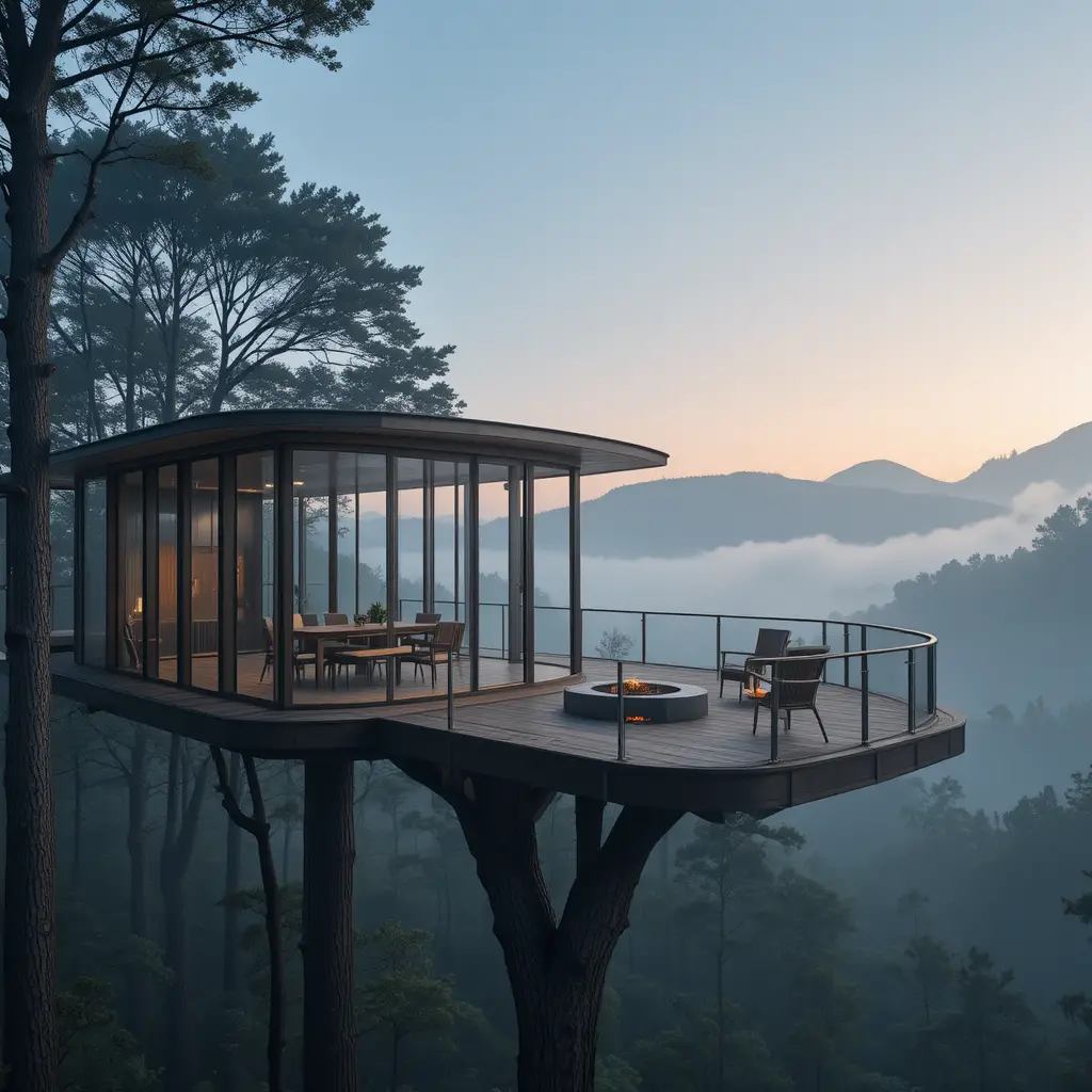 Casa na árvore de luxo moderna sobre montanhas enevoadas ao nascer do sol
