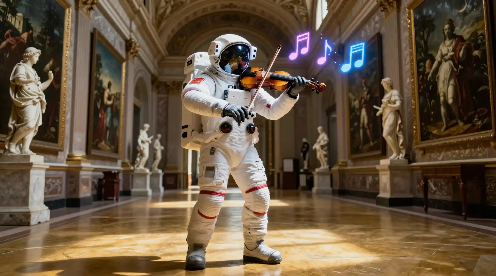 Futuristic Astronaut Playing Violin In Grand Museum Hall