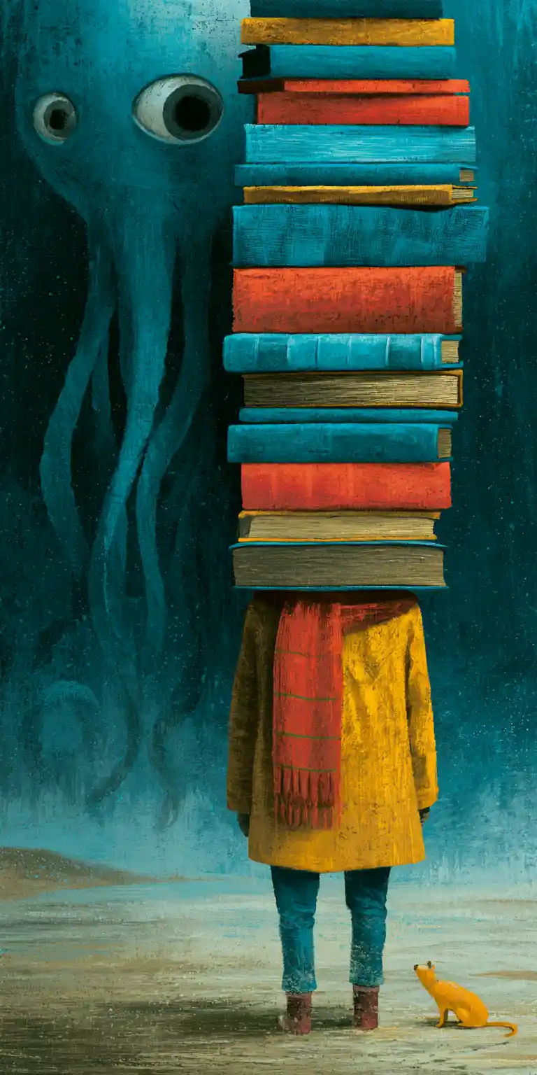 Donna prigioniera surreale in un misterioso interno di biblioteca sommersa