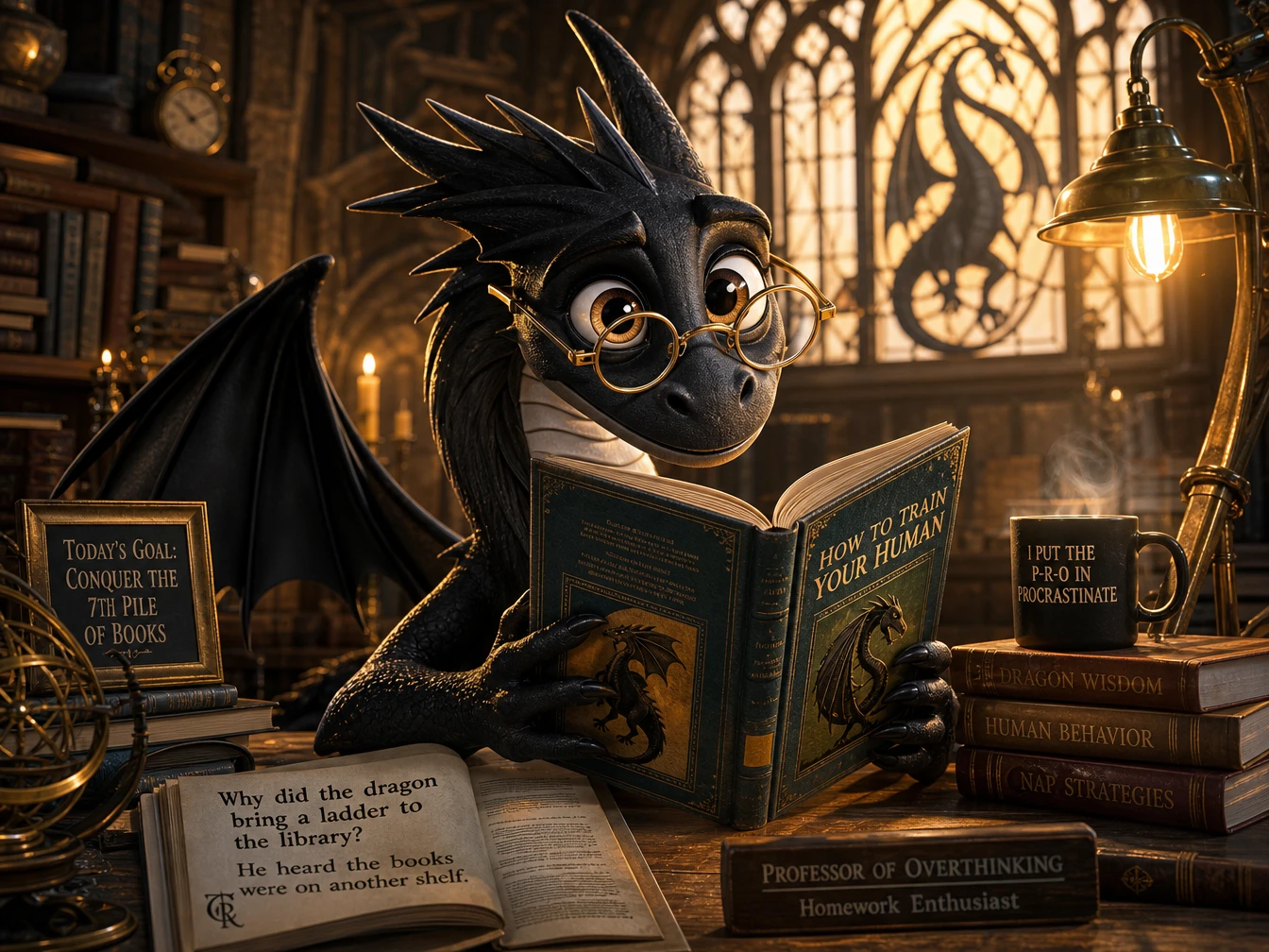 Gato leitor 3D alegre sorrindo por cima de minúsculos óculos de leitura