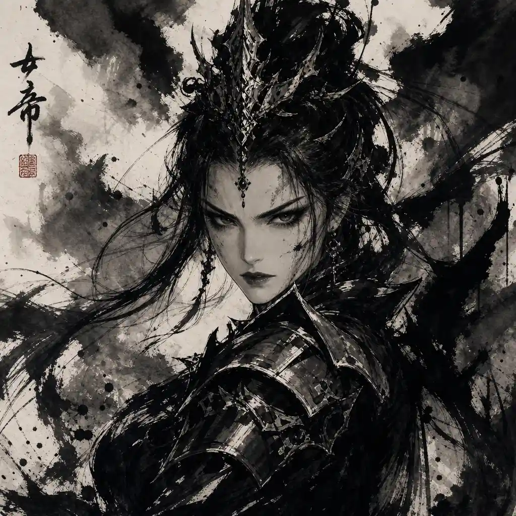 狂烈女戰士女王肖像，以充滿表現力的墨畫描繪