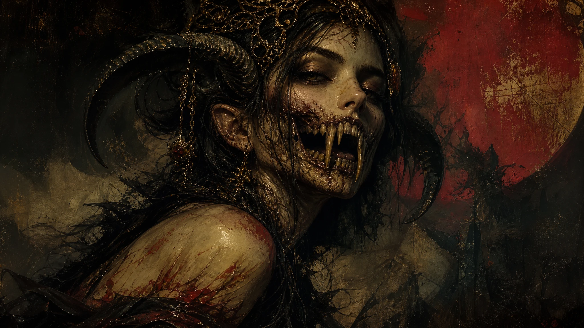 Mujer demonio surrealista con mandíbula expuesta y colmillos inquietantes