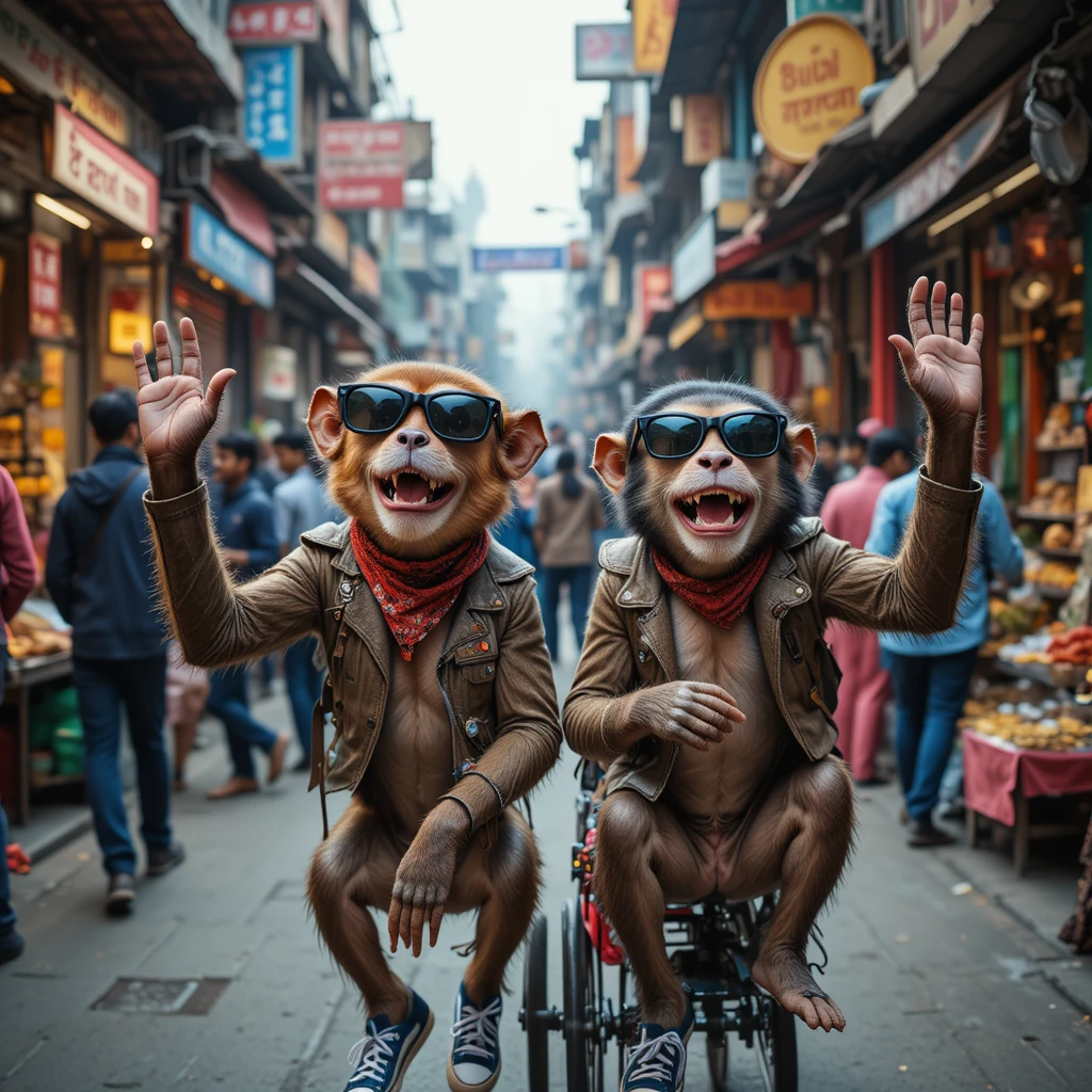 Cachorro e macaco exploram o colorido mercado de Chandni Chowk