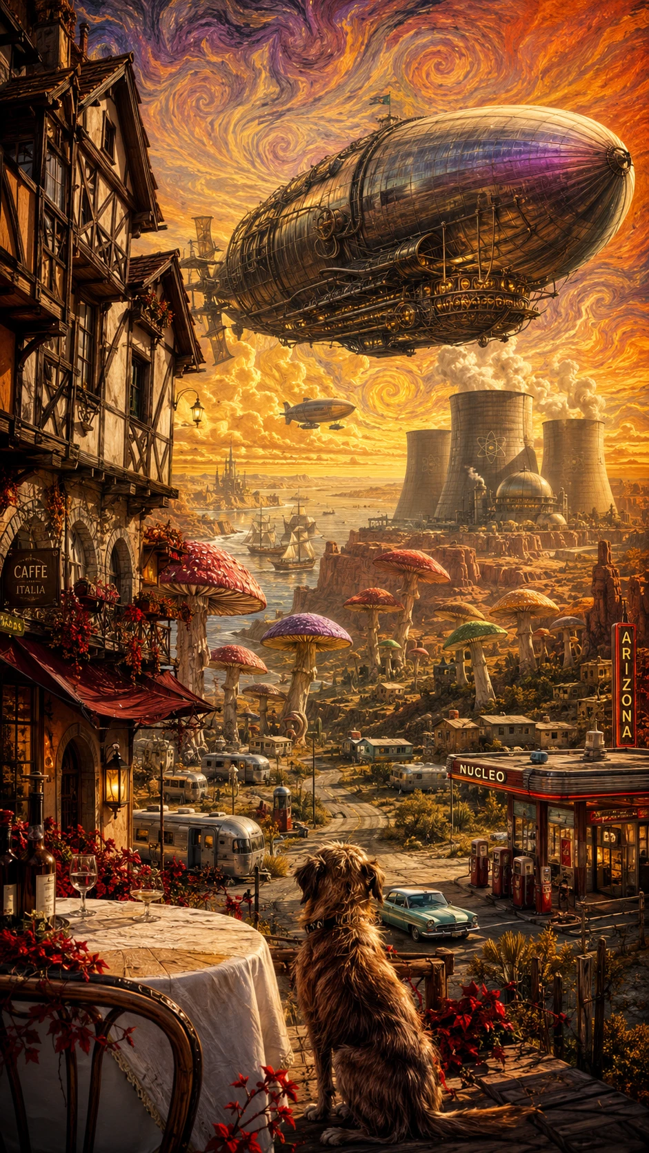 Ville médiévale surréaliste fusionnée avec un paysage de désert de science-fiction