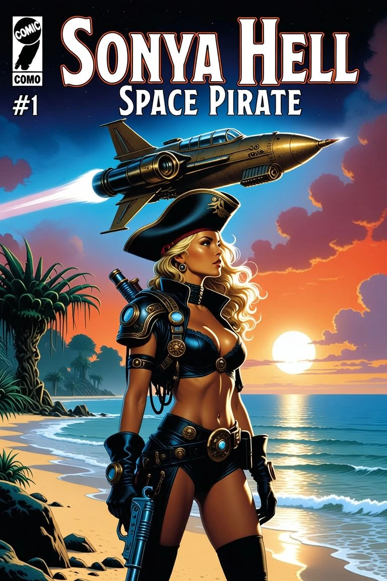 Piratessa spaziale su una riva aliena sotto un’astronave in volo