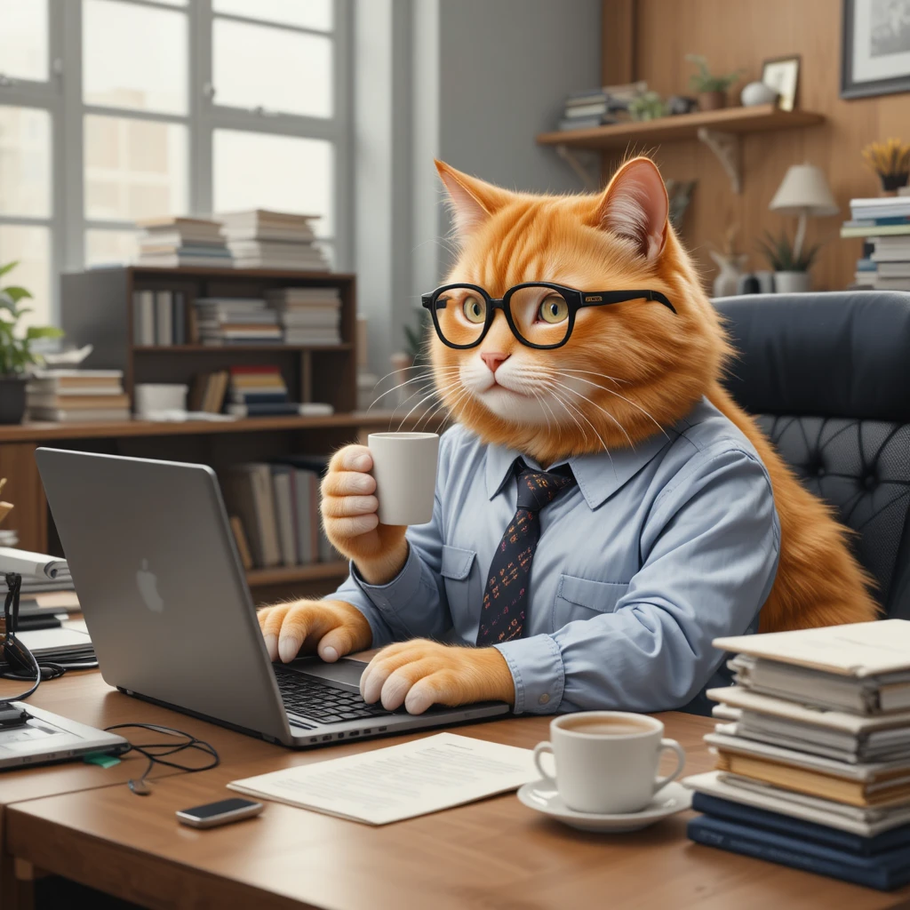 Gato pelirrojo de oficina con gafas escribiendo en un portátil