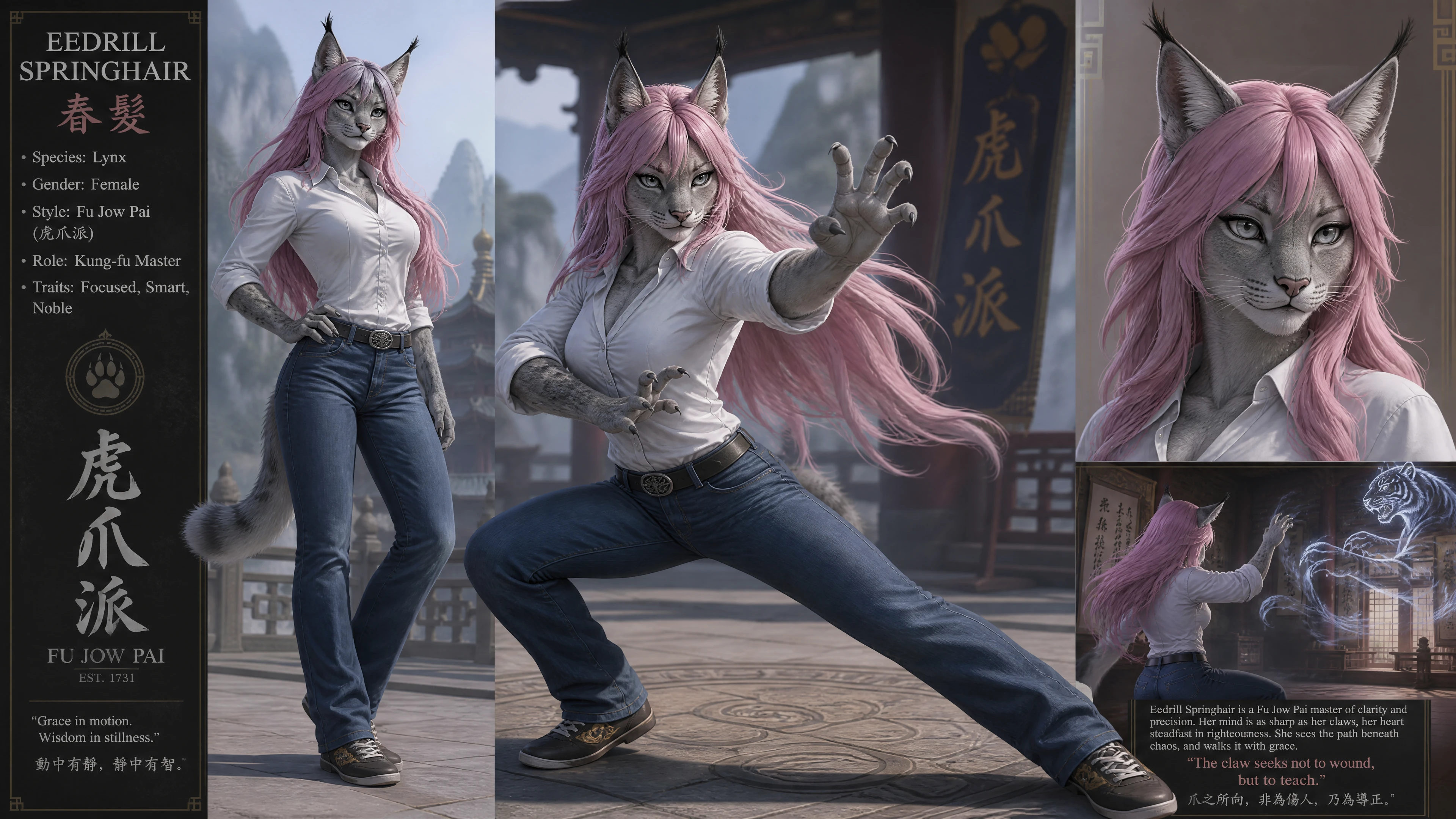 Lynx anthropomorphe artiste martial aux longs cheveux roses
