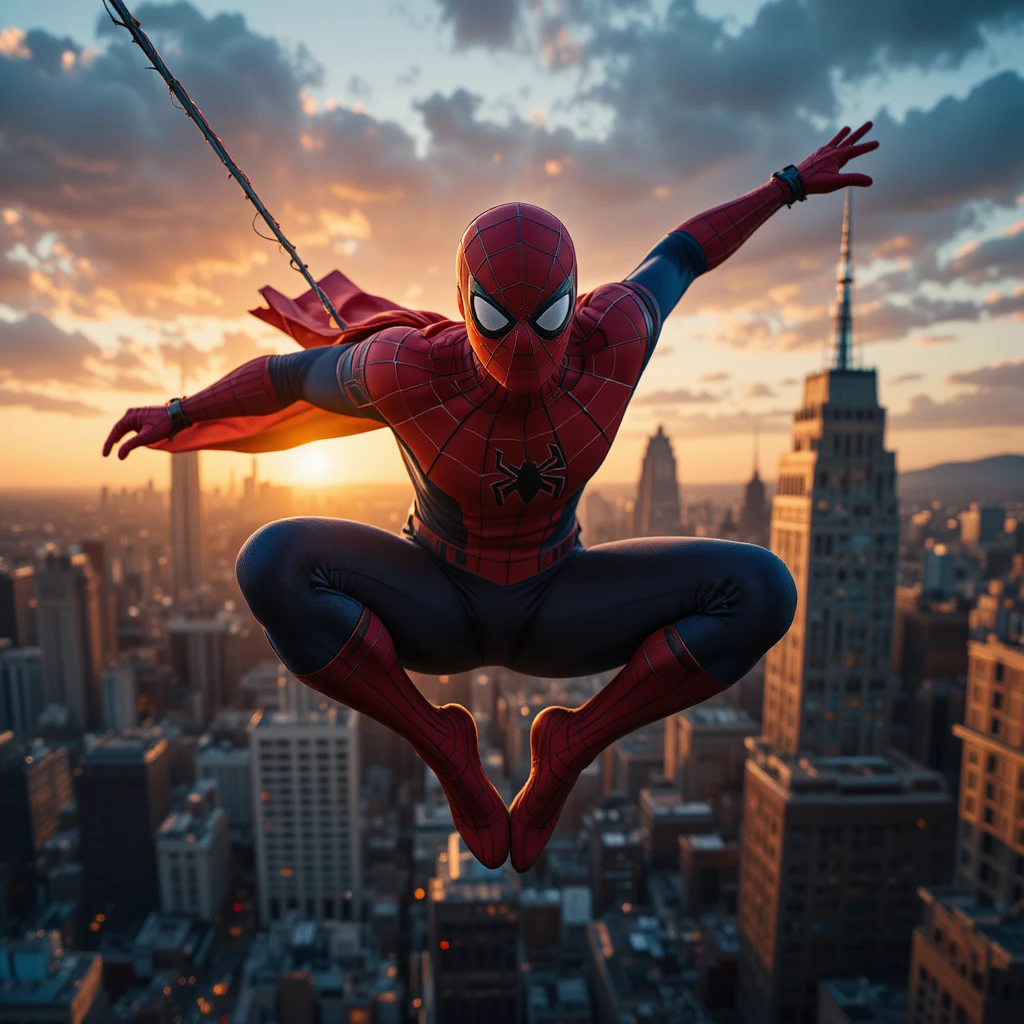 Super-herói balança sobre arranha-céus da cidade ao pôr do sol brilhante