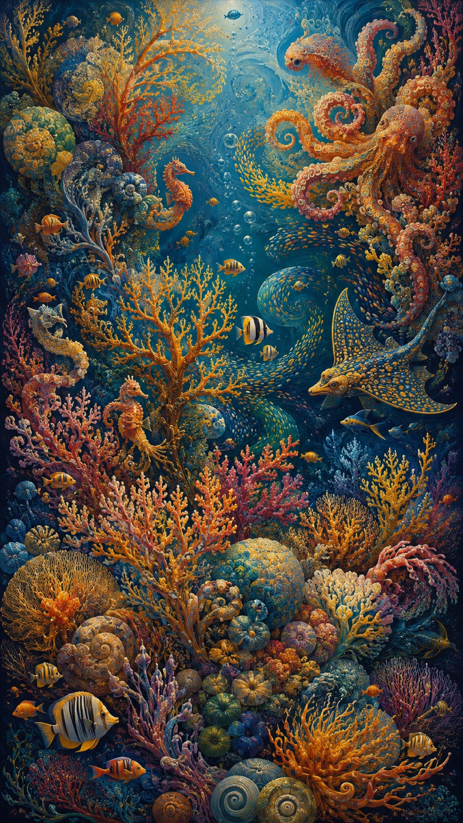 Pintura abstrata de recife de coral com criaturas marinhas escondidas