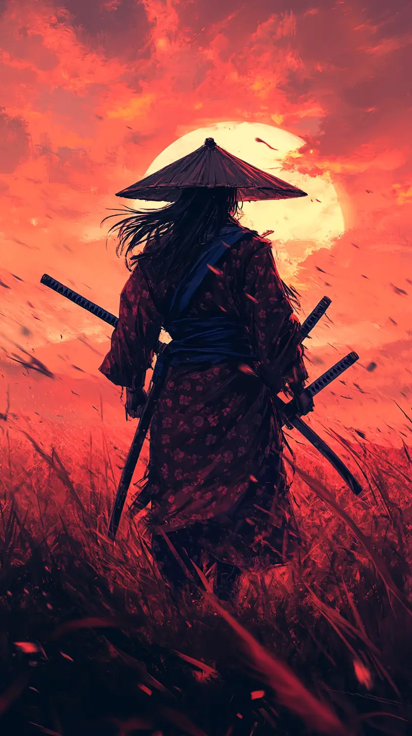 夕陽下草原上的紅色和服武士