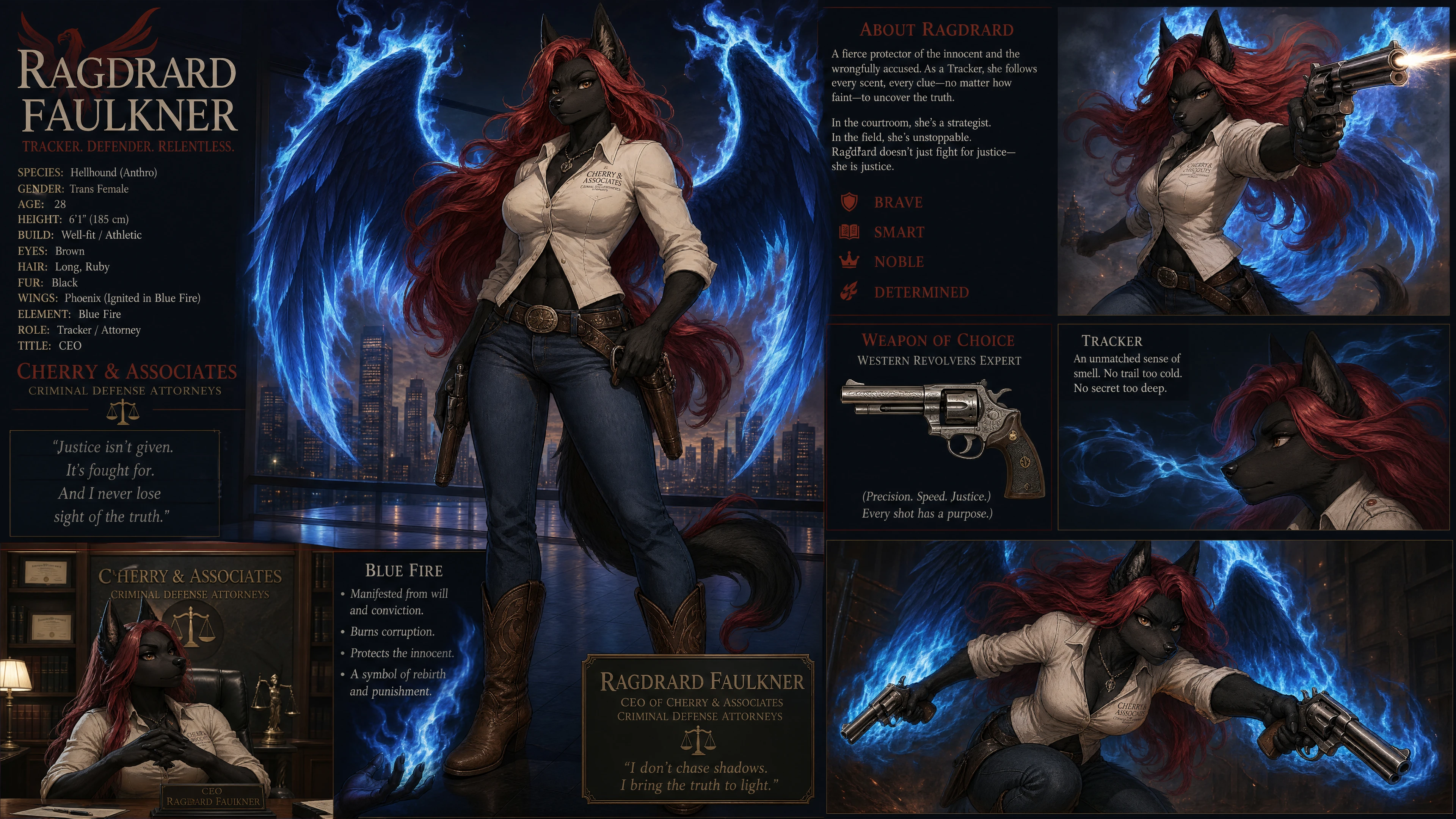 Anthro-Höllenhund-Frau mit Phönixflügeln und blauer Flamme