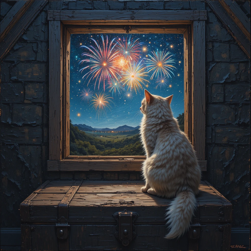 Flauschige Katze auf Koffer schaut vom Dachbodenfenster auf Feuerwerk