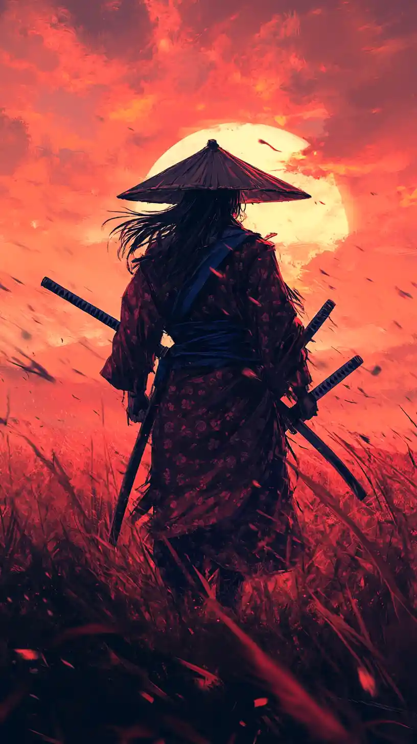 夕陽下草原上的紅色和服武士