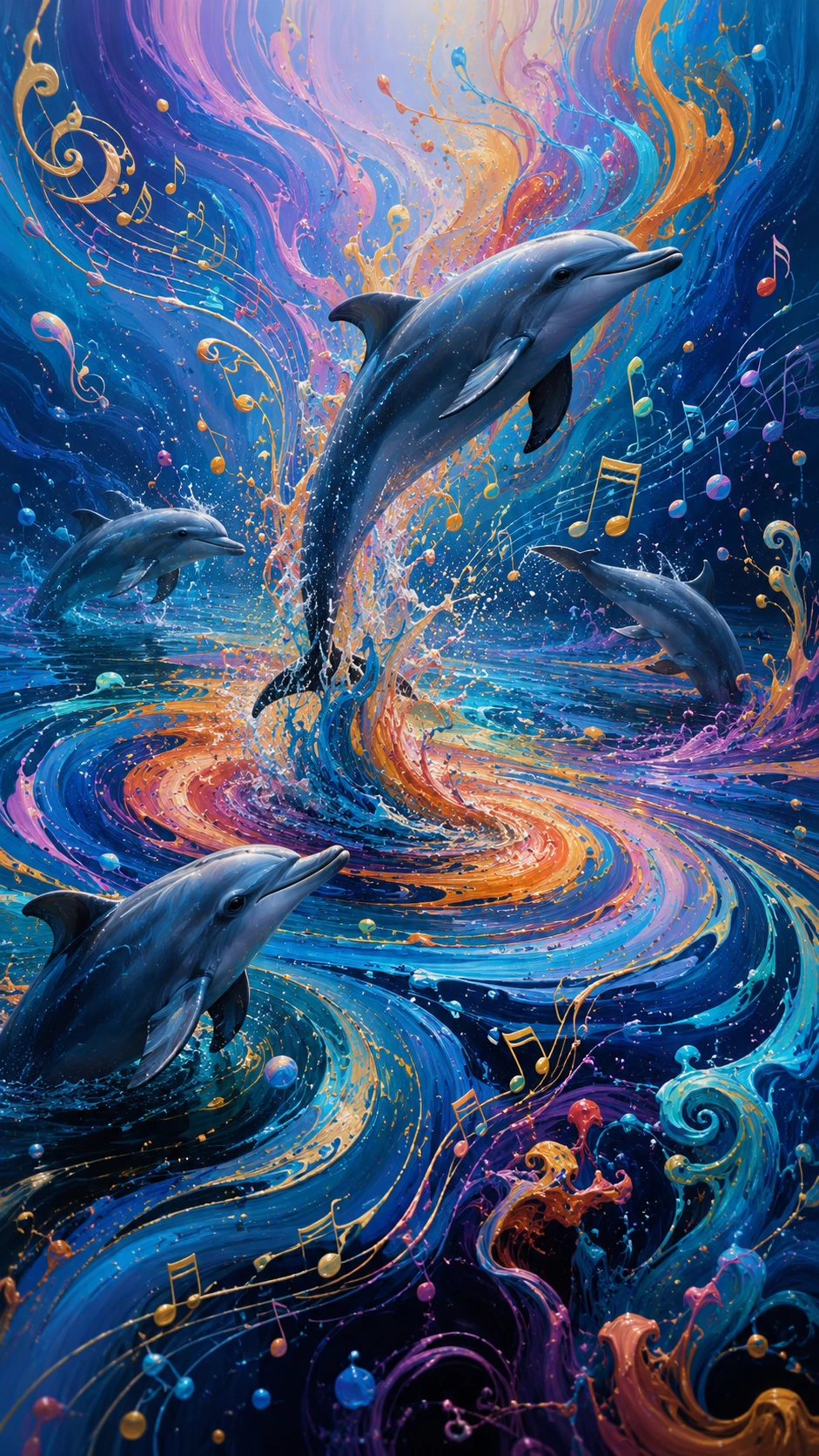 Grupo de golfinhos nadando por um oceano musical surreal