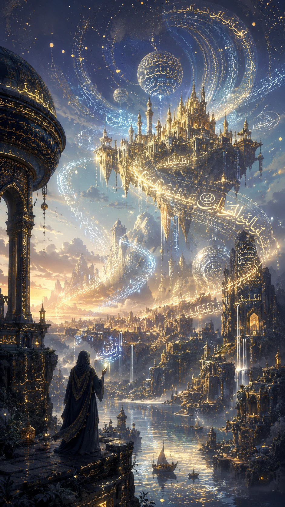 Paisagem de fantasia moldada por linguagem luminosa e fluida