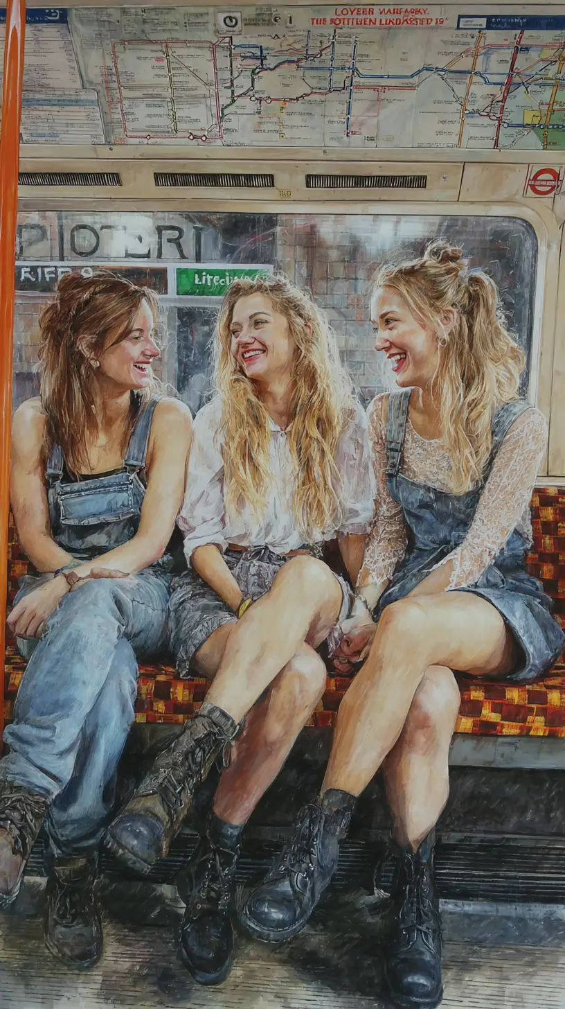 Drei lächelnde junge Frauen auf einer Londoner U-Bahn-Bank