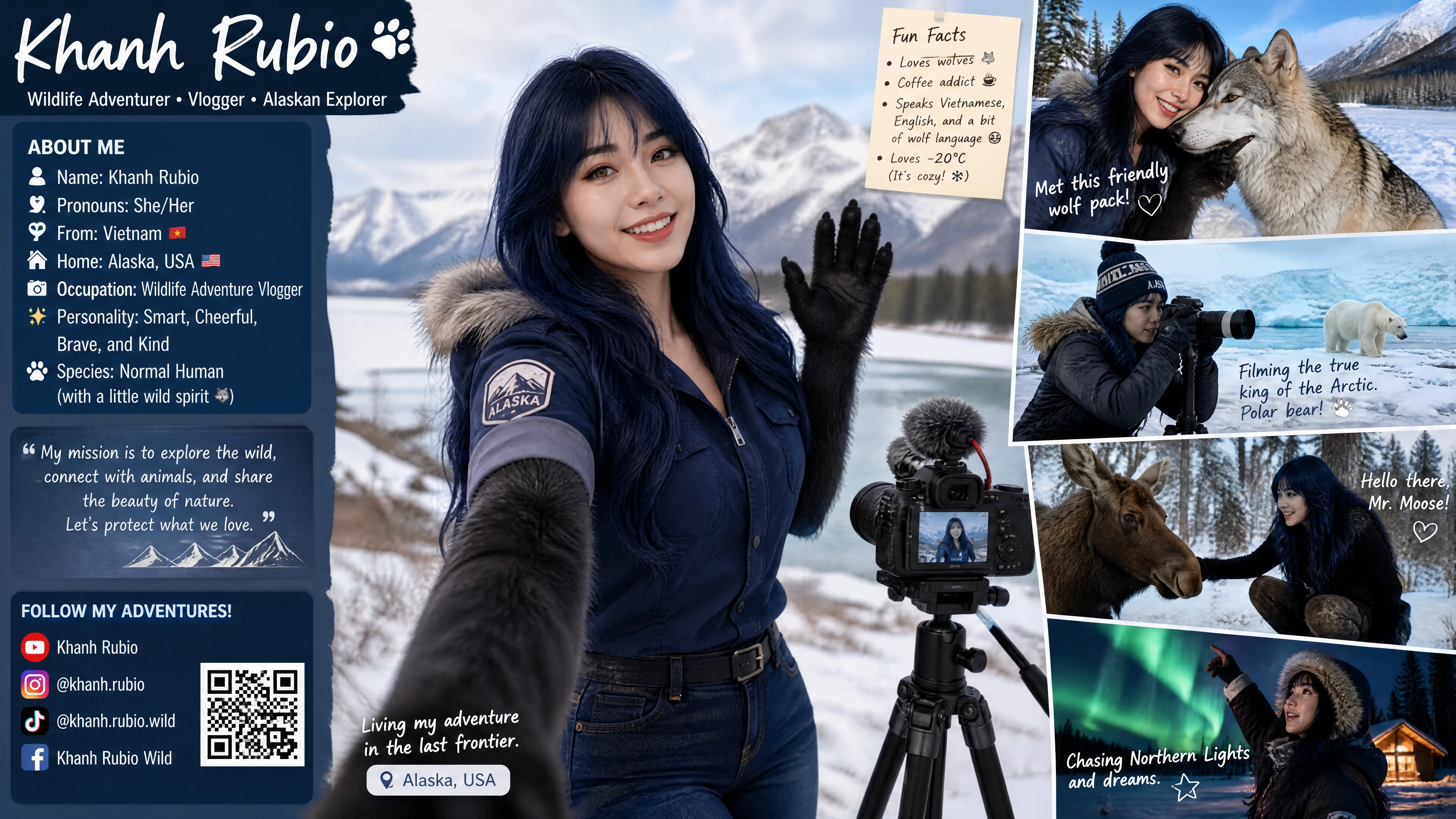 Fröhliche Vloggerin im Winteroutfit erkundet Alaska