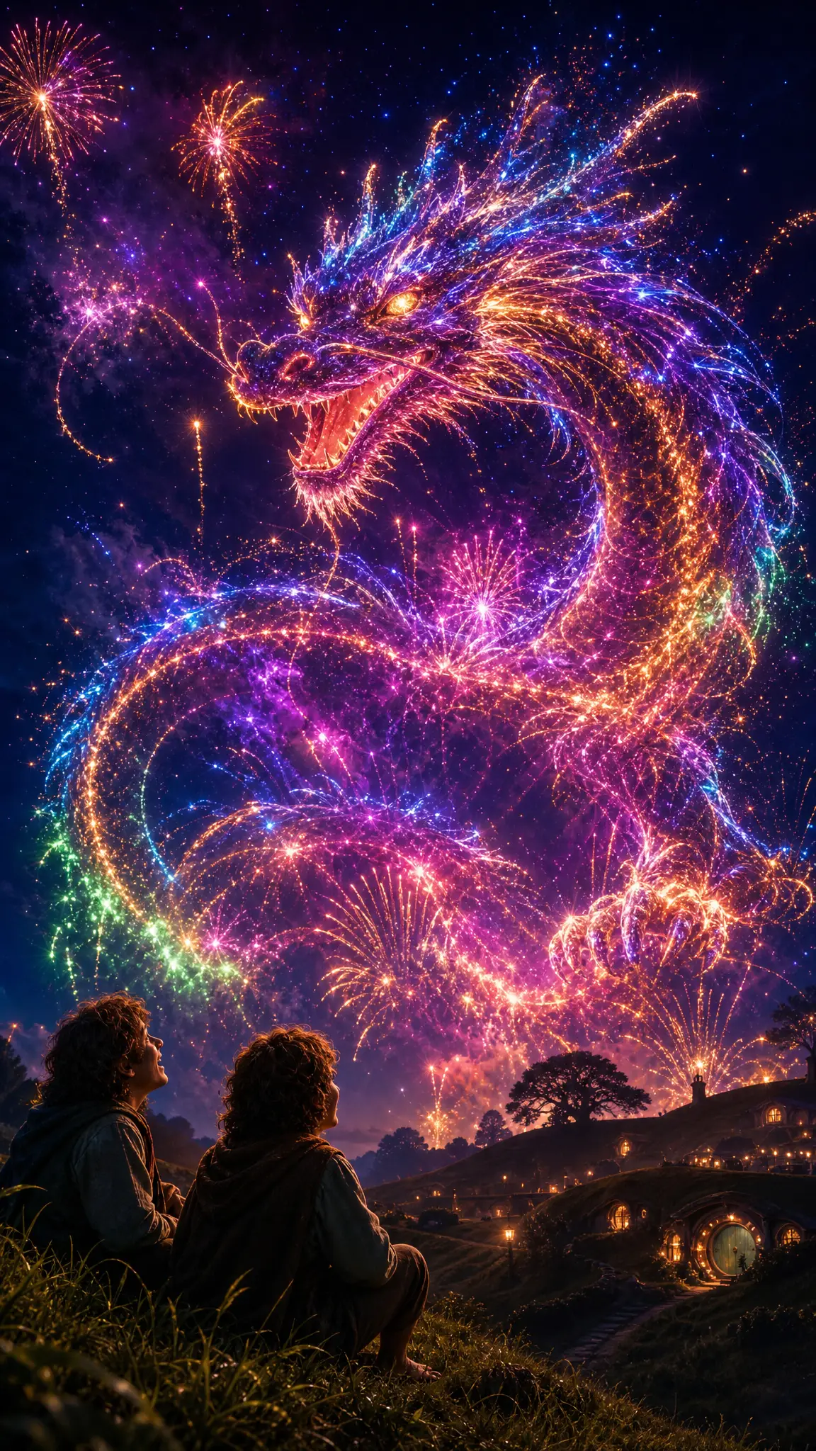 夏爾上空的煙火巨龍與兩位觀望的哈比人