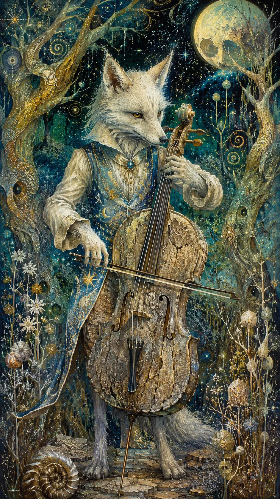 在發光奇幻森林中拉大提琴的擬人化狐狸