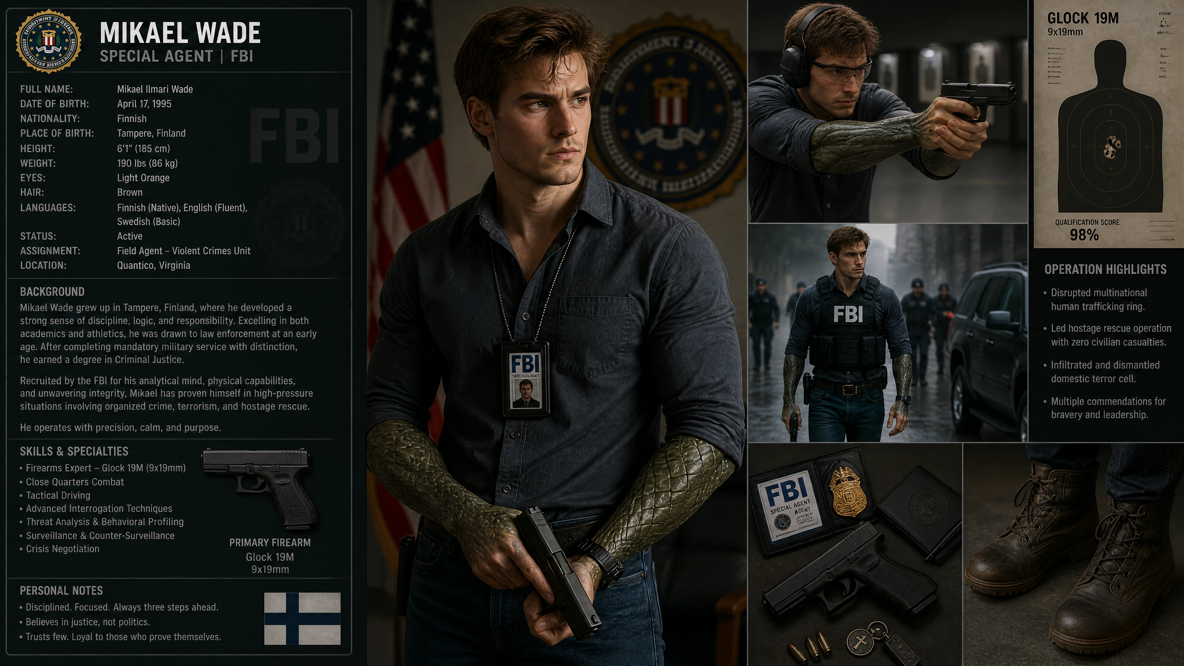 Brave Finnish male agent with scaled arms holding a pistol