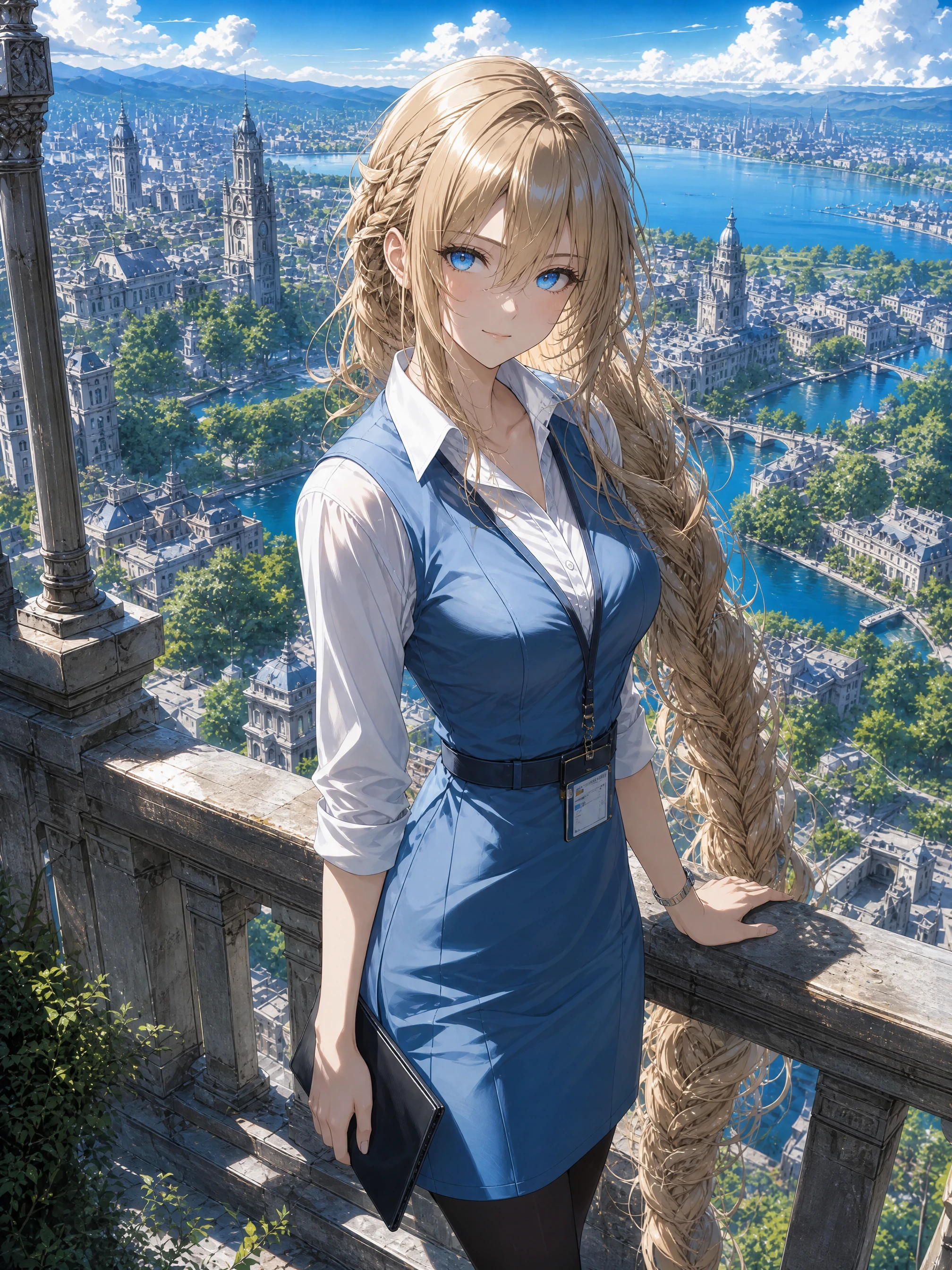 Garota de anime office lady em terraço acima de cidade detalhada
