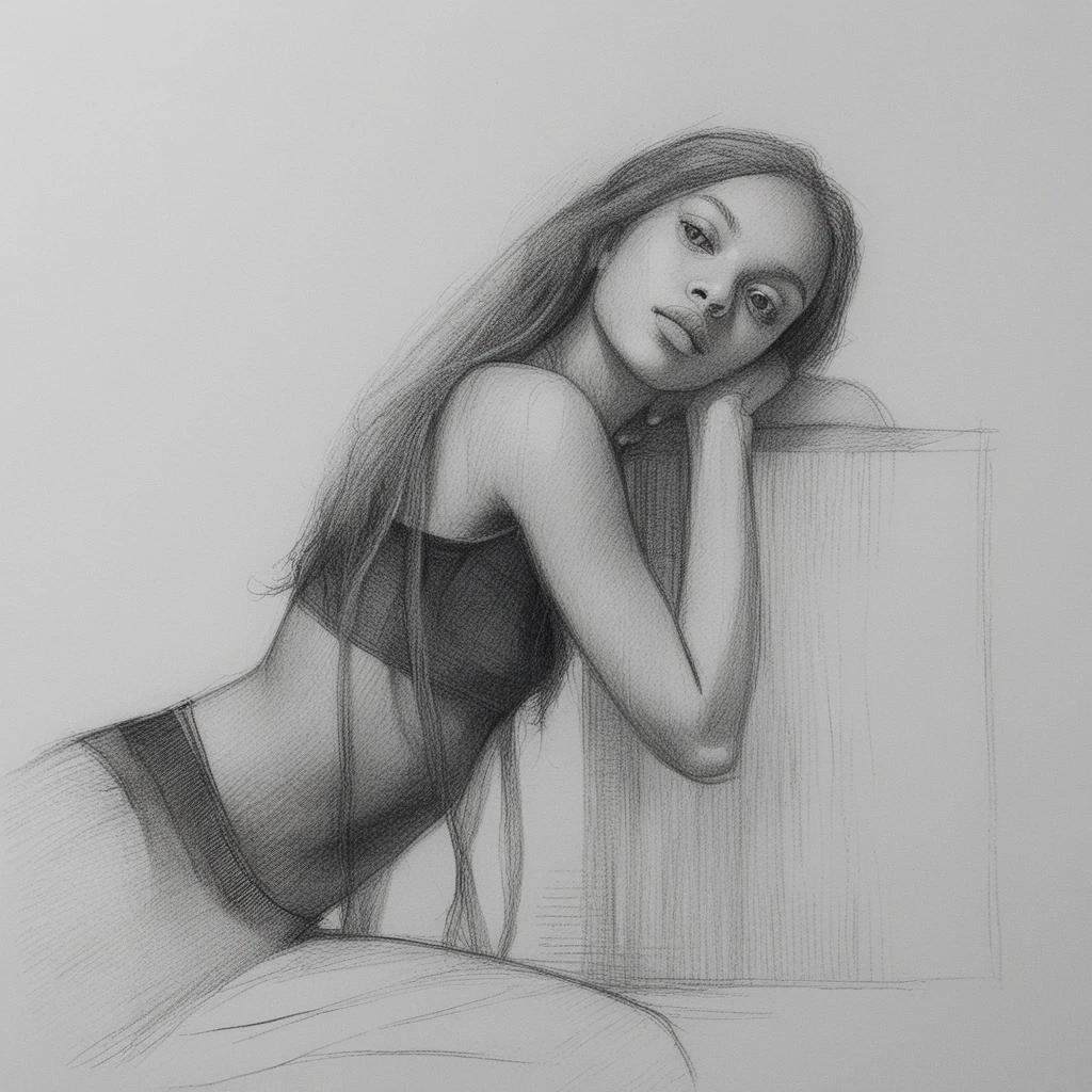 Disegno a grafite di una donna in posa a tre quarti