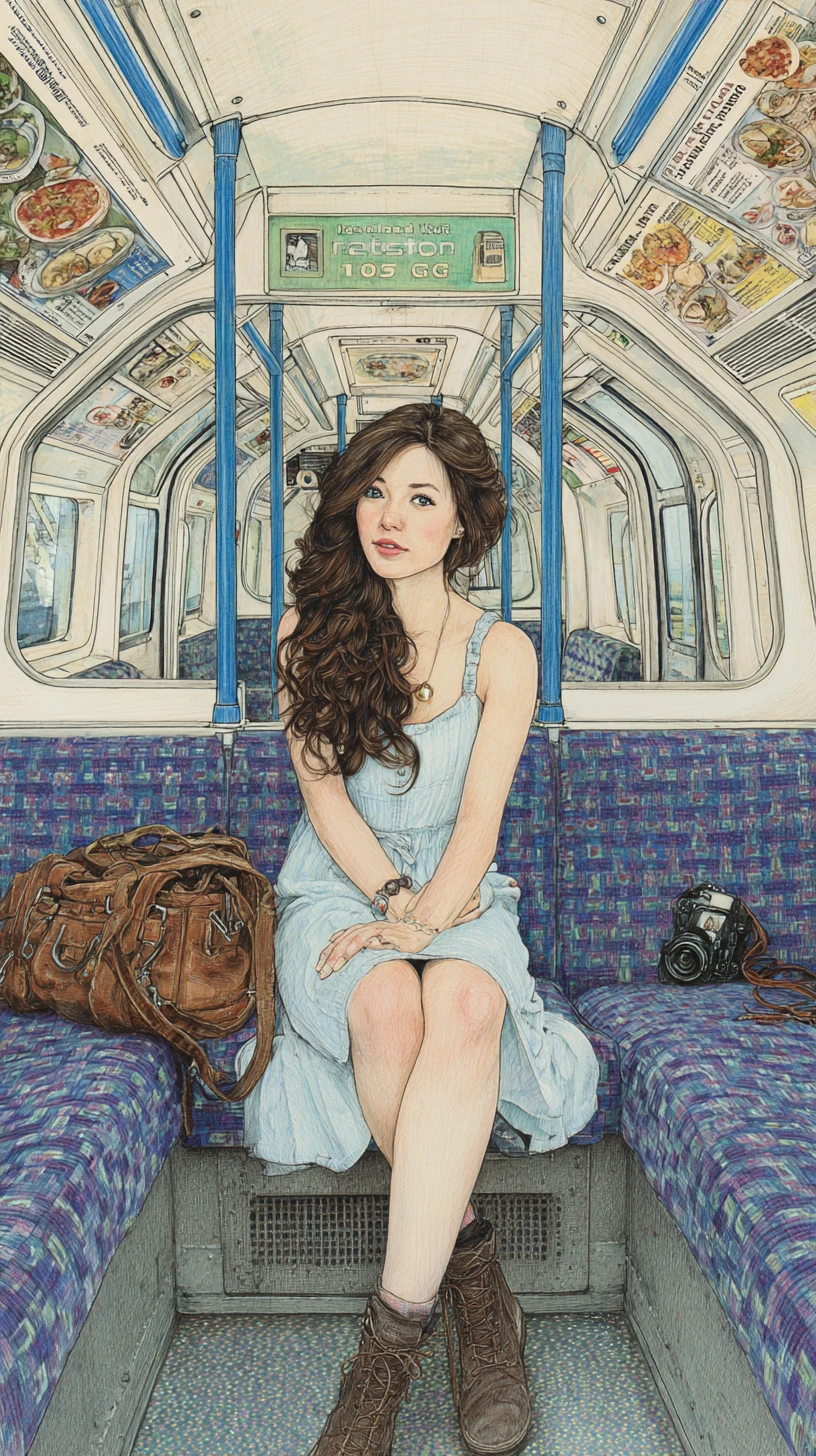 Jovem mulher em assento do metrô de Londres em ilustração a lápis