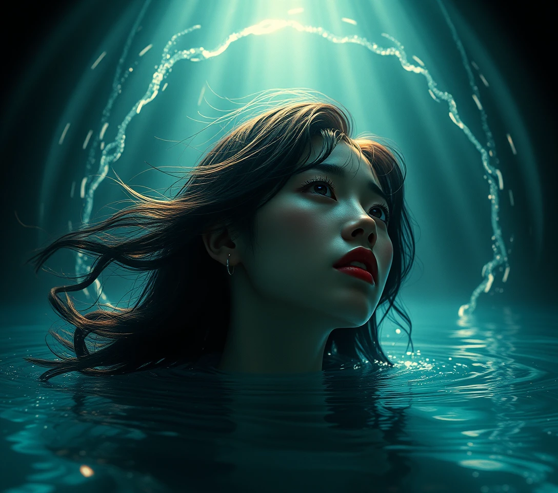 Mulher sombria surgindo das sombras em cena de horror surreal