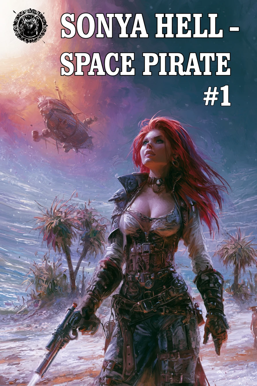 Red haired space pirate woman on alien shore